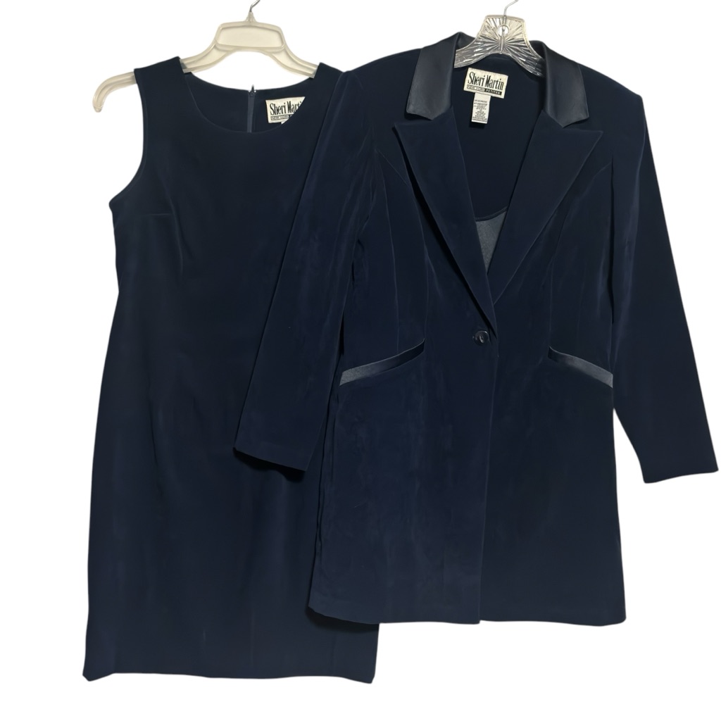 Vtg Sheri Martin Blue 2 Pc Dress & Jacket Velvet Satin Trim 10p Euc Like